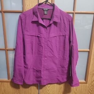 Eddie Bauer Womens Purple Button Up Athletic Shirt With Vented Back, Zip Pockets